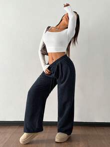 SHEIN PETITE 女款秋冬街頭時尚休閒復古燈芯絨紋理長褲，鬆尺碼彈性腰抽繩寬鬆褲，適合嬌小女性 - 藏蓝色 - 查看 3