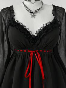 Sunspun 大码女式撞色蕾丝荷叶边长袖衬衫 - 黑色 - 查看 6