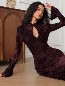 EastFlair Women's Elegant Keyhole Neck Flare Sleeve Fish Tail Hem Dress, Autumn Long Sleeve Formal Dress