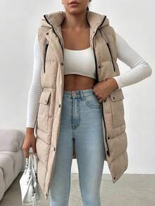 Women's Fashionable Versatile Solid Color Hooded Sleeveless Jacket, Winter - Beige - View 1