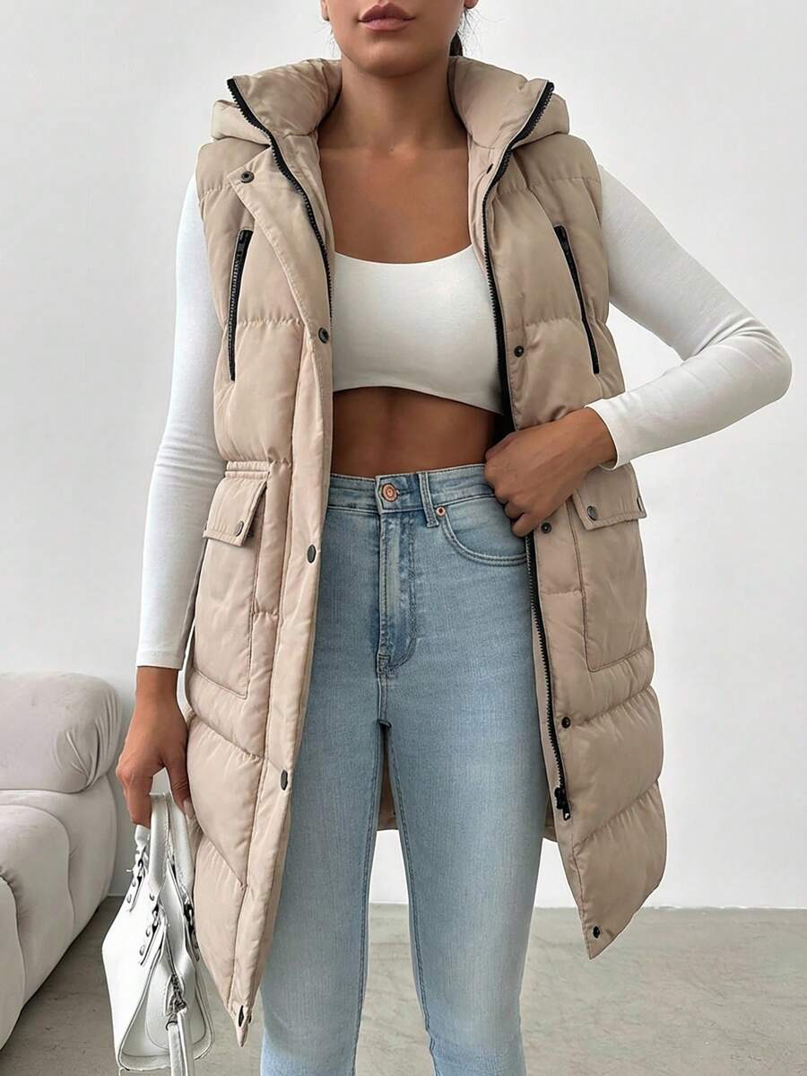Women's Fashionable Versatile Solid Color Hooded Sleeveless Jacket, Winter - Beige - View 1