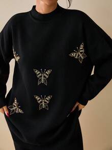 EURMUSE Black Knit Co-Ord Set With Rhinestone Butterfly Embroidery – Casual Elegance Black Rhinestone Butterfly Knit Sweater And Pants Set For Elegant Chic Fall And Winter Outfits - Black - View 7