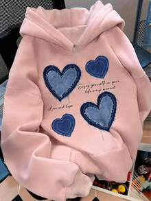 Sudadera de mujer Almacén local en México invierno sudadera de manga larga cómoda suave Sudadera con capucha gris , estampados de corazones azules y frases inspiradoras "Love and hope" y "Enjoy yourself in your life every moment" - WA87 rosa - Ver 1