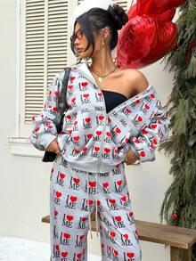 Muchica 灰色爱心字母印花连帽卫衣