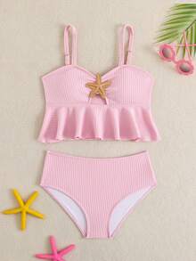 Tween Girl Pink Solid Color Ruffle Trim Spaghetti Strap Bikini 2 Pieces Set High Waist Mermaid Starfish Detail Cute Summer Beach Pool Holiday - Pink - View 3