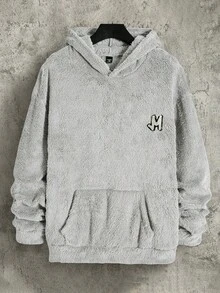 Manfinity Roghcode 男士加大码休闲抓绒连帽衫，秋冬季 - 淺灰色 - 查看 3