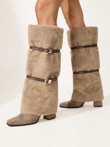 CUCCOO CHICEST Women's Fashionable Commuter Fuzzy Buckle Thick High Heel Knee-High Boots For Christmas - Khaki - View 4