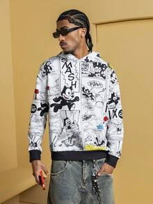 Felix The Cat X SHEIN Men's Casual Pop Art Print Loose Fit Drop Shoulder Hooded Sweatshirt, Fashionable Street Style For Daily Commute, Spring/Autumn - White - View 4