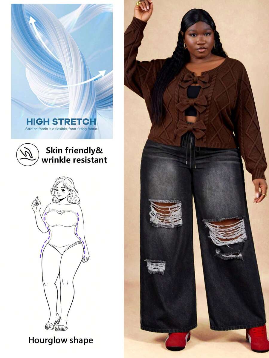 CurvyTilda 大码女式棕色蝴蝶结领开衫针织毛衣,休闲通勤装,舒适,秋冬棕色系带前毛衣蝴蝶结女式毛衣棕色毛衣棕色开衫蝴蝶结毛衣秋季 - 棕色 - 查看 1