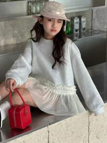 DAZY Tween Girls' Round Neck Knit Thermal Lined Mesh Patchwork Cute Long Sweatshirt, Autumn