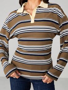 MISSGUIDED Camisa de rugby de manga larga a rayas con botones y cuello acanalado, jersey casual de otoño e invierno - Multicolor - Ver 4