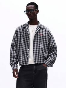 SUMWON Men's Long Sleeve Checked Graphic Button Down Shirt With Embroidered Logo Detail Regular Fit Collared Top - Black and White - View 1