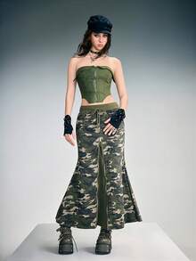 ROMWE Grunge Punk Chân váy đuôi cá xẻ tà phối họa tiết rằn ri, kiểu dáng Y2K gợi cảm dành cho nữ. - xanh quân đội - Xem 8
