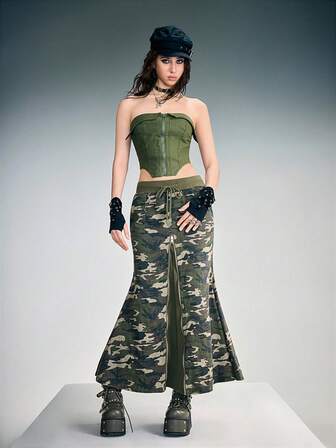 Grunge Punk Gonna a sirena con spacco, a patchwork con motivo mimetico e costine, in stile Y2K sexy, per donne