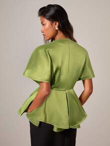 COSMINA Women's Elegant Deep V-Neck Batwing Sleeve Fitted Waist A-Line Short Sleeve Blouse, Versatile For Commuting, Office, Outings, Elegant For Dates, Valentine's Day And Other Occasions, Green Peplum Top, Peplum Top For Women, Green Satin Top, Green For Women - Green - View 2