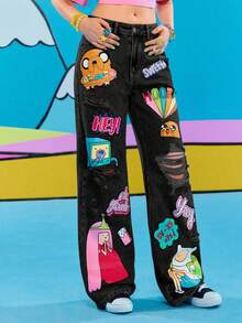 Adventure Time X ROMWE Women Casual Ripped Cartoon Graphic Loose Fit Jeans - Grey - View 8