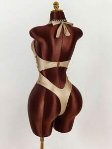 Amplova 女士性感连体泳衣，水滴形镂空露背挂脖设计，金色花朵装饰 - 駝色 - 查看 8