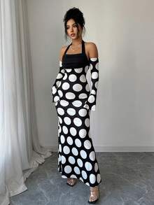 Elenzga Đầm nữ dài tay dáng chữ A ôm sát, hở lưng, cổ yếm, họa tiết hoa, thích hợp mặc thường ngày. - màu đen - Xem 3