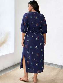 Nubod Đầm sơ mi tay bồng thêu hoa thời trang mùa hè dành cho nữ cỡ lớn có túi và thắt lưng - Màu xanh lam - Xem 2