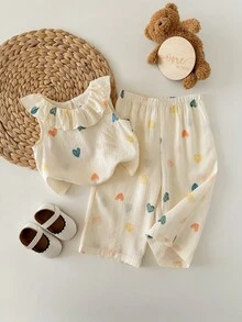 This 2 Pieces Cute Baby Girl Woven Floral Ruffle Top And Loose-Fitting Trousers Set Is Suitable For Birthday Parties, Evening Parties, Performances, Weddings, Baptisms, School Ceremonies, School Trips, And Spring/Summer.