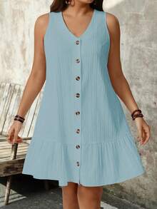 SHEIN PETITE Plus Size Women Sleeveless V-Neck Textured Fabric Dress - Baby Blue - View 6