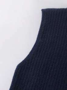 SHEIN Franclia Early Spring New Stylish Commuter Versatile Navy Blue Mock Neck Ribbed Waist Flattering Asymmetric Ruffle Hem Women Knit Top - Navy Blue - View 3