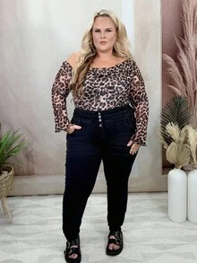 Hourglow Dollyholly86 Plus Size Autumn And Winter Women's Sexy Leopard Print Asymmetric One-Shoulder Long-Sleeved Bodysuit,Thanksgiving, New Year, Outing, Cocktail Dress, Music, Birthday Dress, Party, Off Shoulder, Asymmetric,Birthday, Family Gathering, Fall And Winter,Valentine's Day, For Hourglass Body Shape