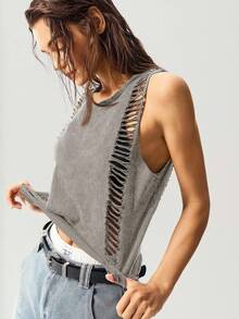 Bohemela Áo tank top dệt kim màu trơn dáng ngắn, đã giặt, dành cho nữ - Xám - Xem 3