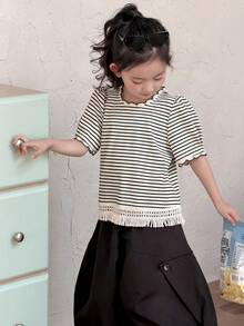 DAZY 女童圆领条纹短袖休闲T恤，夏季