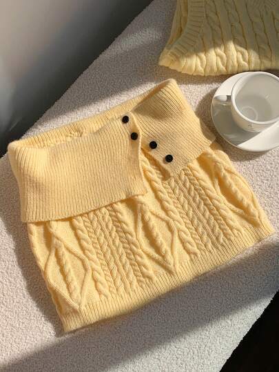 Comfortcana 女士新款春秋季时尚麻花针织翻边纯色休闲百搭柔软毛衣半身裙，修身迷你裙