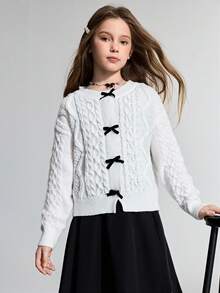 Ontre Tween Girl Bow Decor Crew Neck Sweater - White - View 3