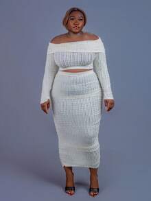 CurvyTilda Damen Große Größen Set aus texturiertem Off-Shoulder Langarm Crop Top und Rock in Unifarbe, 2-teilig, für Herbst/Winter - Aprikosenfarben - Übersicht 3