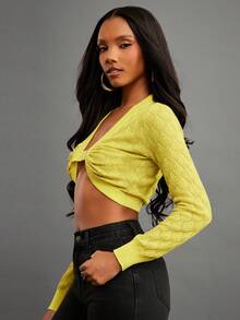 NYA SZN Lime Green Long Sleeve Crop Top Fitted Plunge V Neck Metal Closure Silver Hardware Knitwear,Chic Night Out Autumn Holiday Festive Special Occasion - Green - View 5