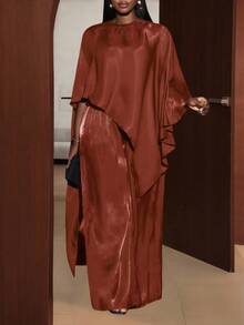 Veslaya 2025 Plus Size Women's Winter Clothing Glossy Fabric Cape Style Top Loose Pants Two Pieces Set, Suitable For Christmas/New Year Clothing/Parties/Women's Elegance/Shiny Two Pieces Set/Women's Thanksgiving Outfit/Formal Dress - Red - View 1
