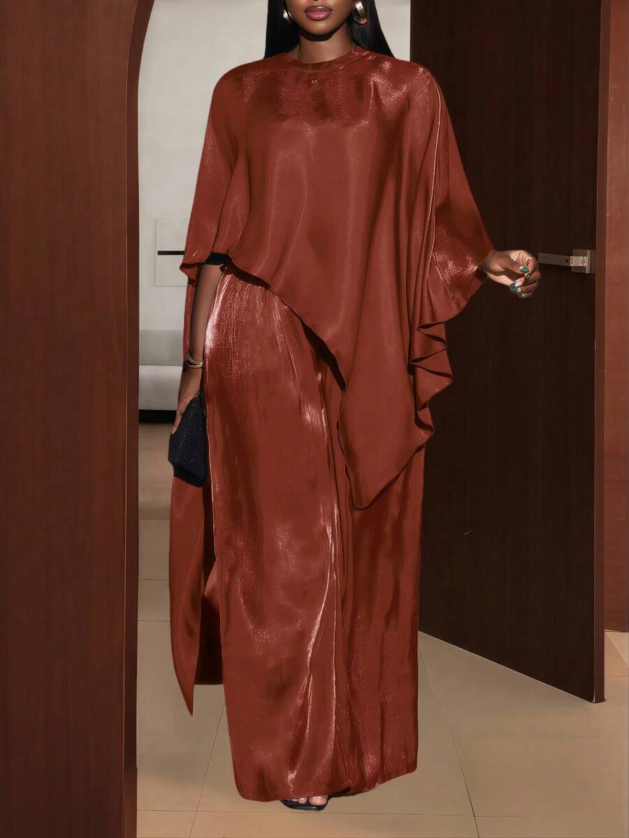 Veslaya 2025 Plus Size Women's Winter Clothing Glossy Fabric Cape Style Top Loose Pants Two Pieces Set, Suitable For Christmas/New Year Clothing/Parties/Women's Elegance/Shiny Two Pieces Set/Women's Thanksgiving Outfit/Formal Dress - Red - View 1