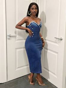 Slaydiva 女士修身吊带牛仔连衣裙，侧开衩 - 藍色 - 查看 5