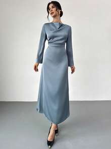 Firerie 女士新款优雅简约日常休闲通勤连衣裙，长袖褶皱领抽绳腰身修身连衣裙，蓝色缎面连衣裙，优雅通勤连衣裙，适合春秋冬三季，优雅百搭，适合通勤、音乐节、浪漫约会、派对、婚礼季、毕业典礼、舞会、演出、演唱会、工作场合、返校季、女士度假装、女士生日套装、女士教师装 - 灰藍色 - 查看 4