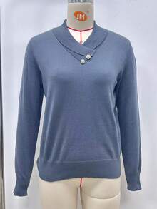 SHEIN LUNE Neue Damen Frühling/Herbst Lässig Loose V-Ausschnitt Kunstperle Knopf Einfaches Design Pullover Strickpullover Herbst Winter - Grau - Übersicht 1