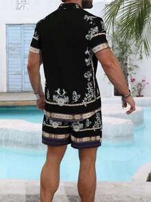 VENTUSAIL Men's Casual Summer Vacation Printed Button-Front Short Sleeve Shirt And Shorts Set, Holiday - Black - View 2