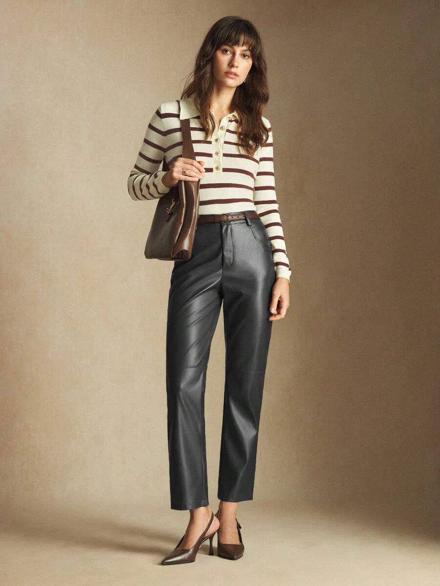 BizChic 2025秋冬新款女士时尚通勤口袋PU皮裤，百搭别致优雅都市浪漫西部朋克Y2K乡村音乐节复古韩版机场旅行街头婚礼宾客生日派对商务休闲办公室约会装扮