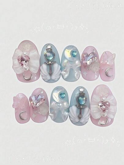 ROMWE Anime 10片Y2K复古星星、波点、条纹、波普艺术、朋克、音符装饰假指甲，手工制作，适合大学、音乐节、约会等场合。