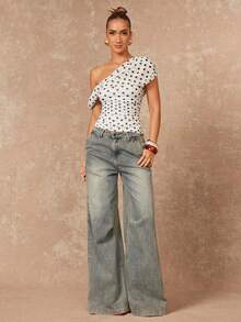 Lumalex Áo kiểu nữ thanh lịch cổ điển gợi cảm màu đen chấm bi, tay dài, xếp ly, khoét vai, ôm sát. - Đen và trắng - Xem 10