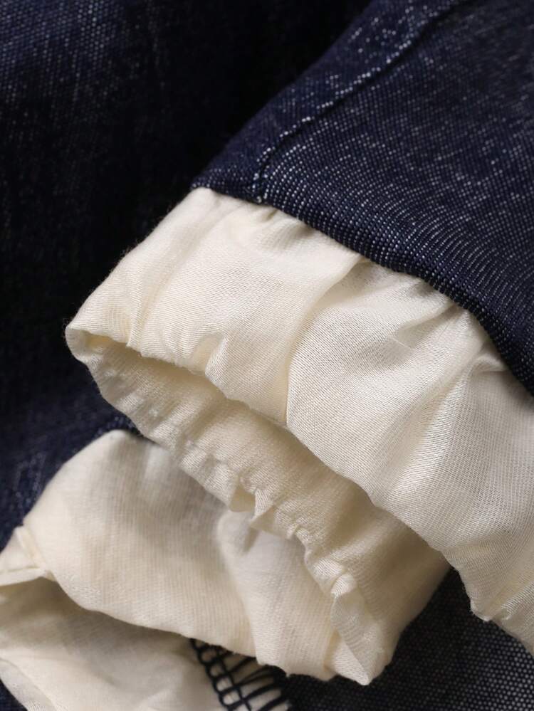 2pcs Baby Girls Korean Style Patchwork Denim Look Round Neck Short Sleeve Shirt And Straight Leg Pants Set Spring Summer Toddler Girls Clothes