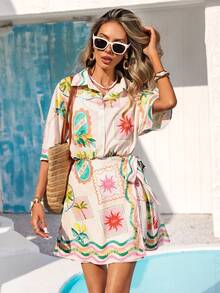 Vivid Eden Spring/Summer Outings, Holiday Date Dresses, Spring/Summer Casual Vacation Shirt Collar Waist Tie-Waist Bohemian Style Printed Women's Dresses, Summer Beach Dresses, Back-To-School Outfits, Very Simple Outfits, Women's Country Clothing, Office Wear, Old Money Style, Teacher's Attire, Date Outfits, Graduation Season Dresses, Women's Dresses, Spring/Summer Casual Dresses, Summer Dresses - Multicolor - View 1