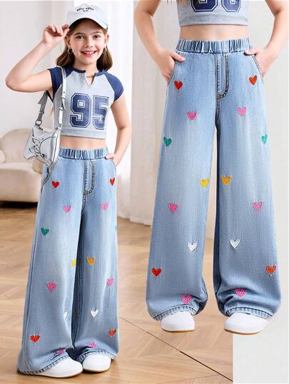 SHEIN 少女时尚休闲 Y2K 复古酷炫街头夏季浅色水洗抽绳腰阔腿休闲牛仔裤，适合日常穿着，夏季弹力腰带舒适阔腿裤，少女夏季海滩波西米亚度假休闲装，适合锐舞音乐会音乐节的少女日常穿着，以及少女春夏锐舞音乐节和街头服饰。