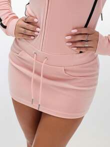 BABYPHAT Đầm mini trùm đầu nhung tay dài có khóa kéo, dáng ôm bó, dây rút, mặc nhà thường ngày thu đông - Màu Hồng baby - Xem 5