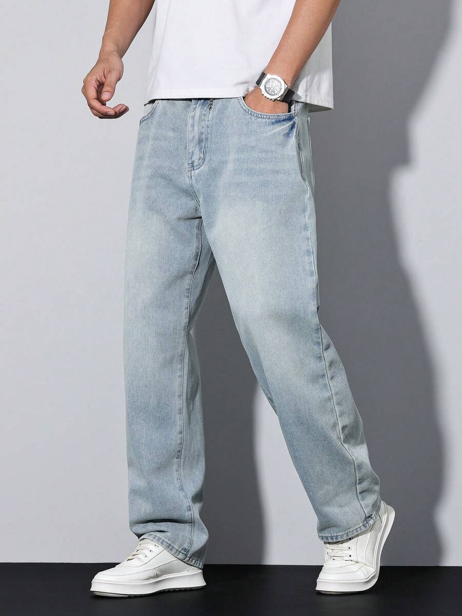 Manfinity Homme 男士纯色口袋休闲直筒牛仔裤 - 淺色水洗藍 - 查看 1