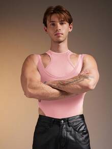 FeverCity Men's Fashionable Solid Color Hollow Out Sleeveless Jumpsuit - Pink - View 4