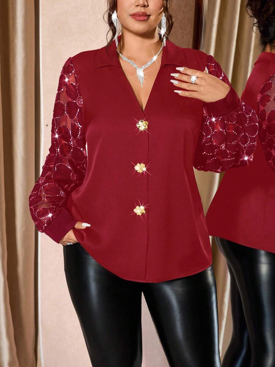 Cravure Plus Size Women Mesh Sleeve Gold Decor Button Shirt - Red - View 1