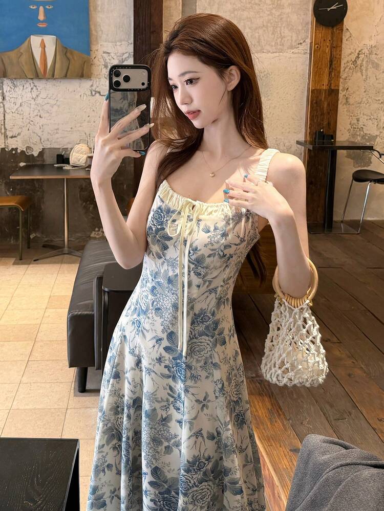 Women's Floral Print Spaghetti Strap Midi Dress, Suitable For Party, Birthday, And Special Occasions Spring Easter Sundress